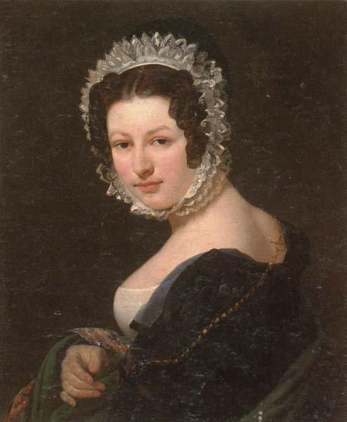 unknow artist Portrait of a young lady,half-length,wearing a black dress,with a green mantle,and a lace bonnet oil painting image